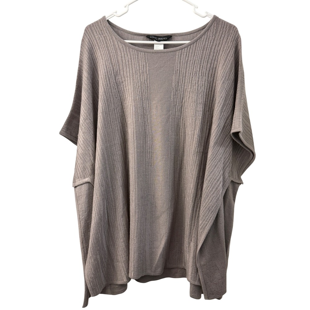 Ming Wang Women L/XL Taupe Gray Ribbed Knit Oversized Poncho Sweater Scoop Neck